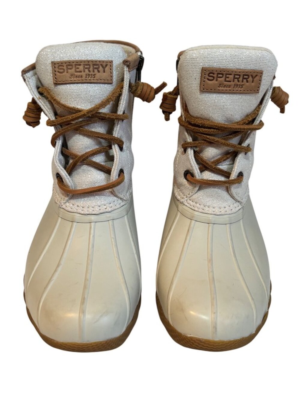 Sperry Womens  Duck Boots Size 6.5 Beige & Tan Waterproof Rubber Sole & Canvas U - Picture 3 of 10